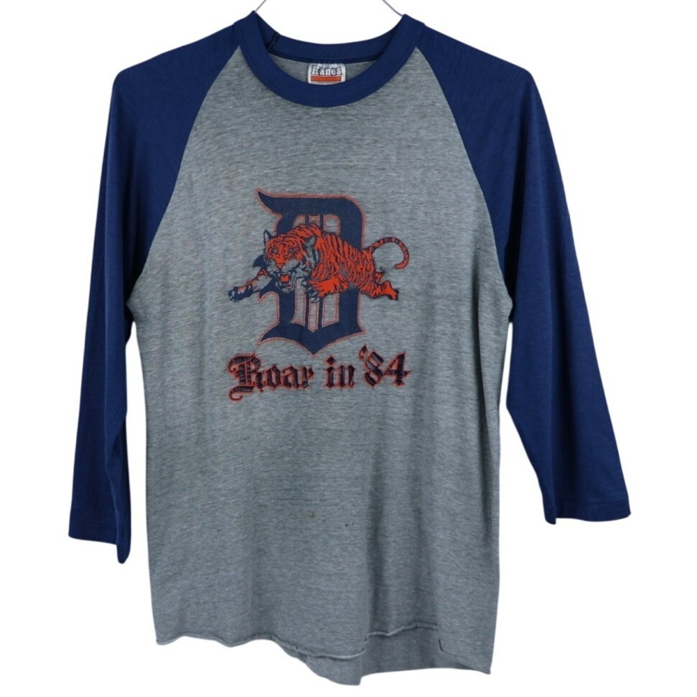 VTG Detroit Tigers Roar 1984 Hanes Raglan Graphic Tee Michigan 38" Chest WORN